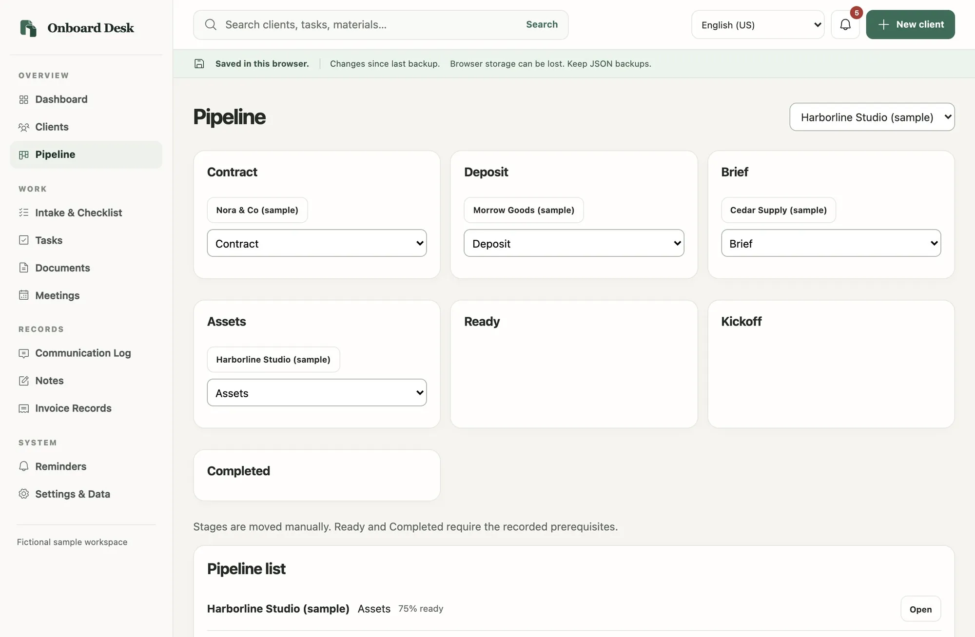 Onboard Desk Pipeline screen with fictional sample clients placed in Contract, Deposit, Brief and Assets stages. A note explains that stages are moved manually.