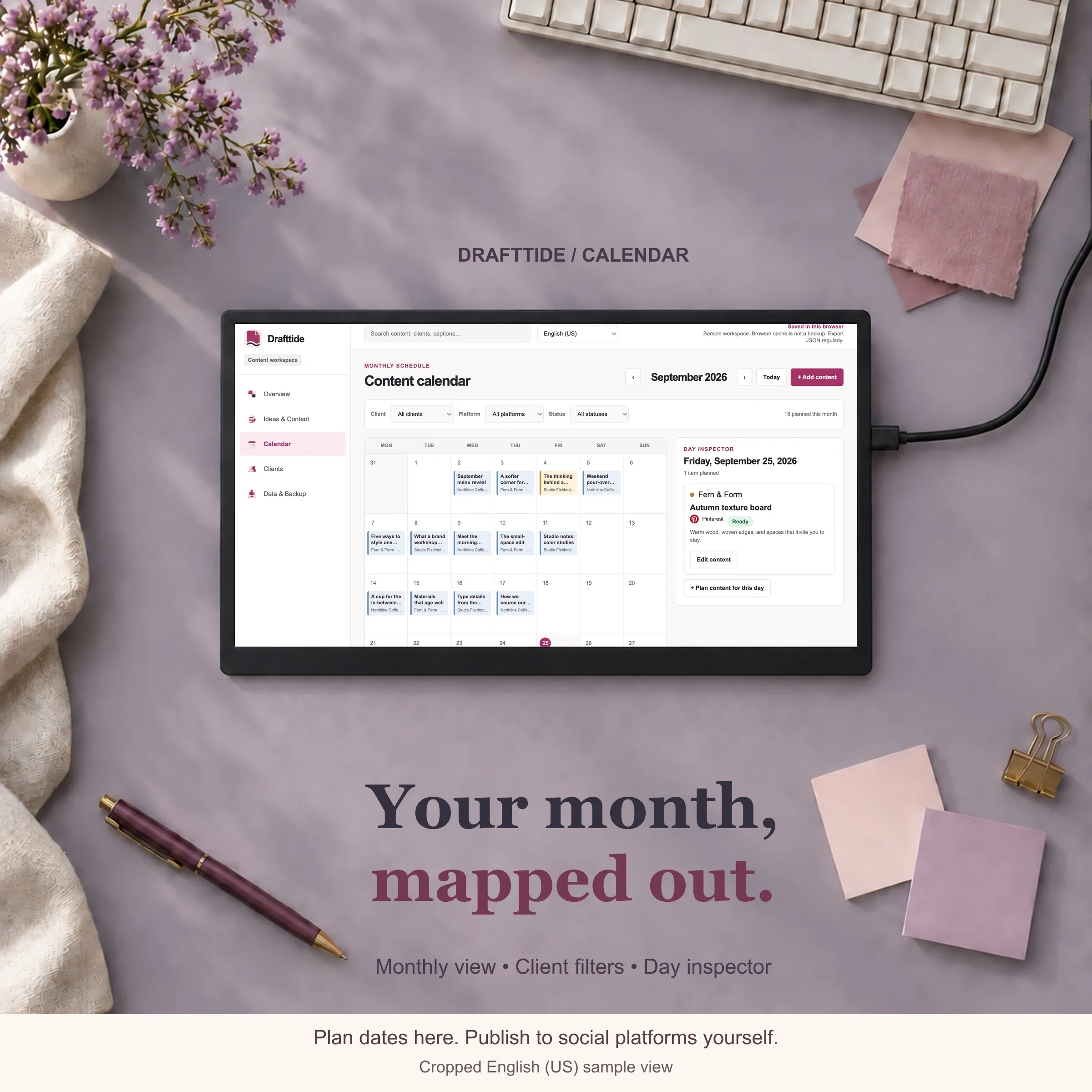 Drafttide monthly Calendar with filters and a day inspector, shown on a portable monitor. The hardware is decorative.