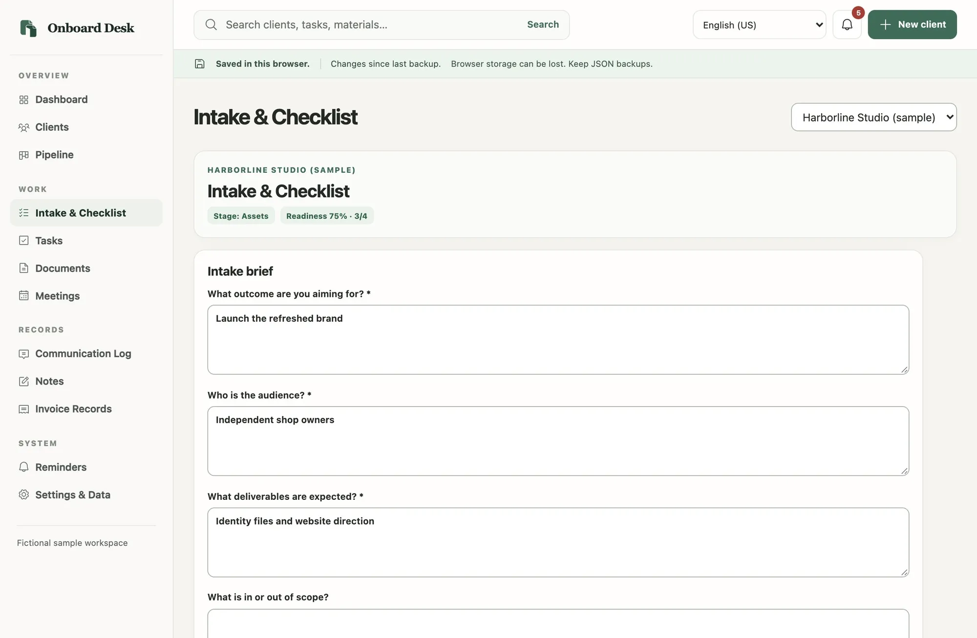 Onboard Desk Intake and Checklist screen for a fictional client at 75 percent readiness, with intake brief questions about outcome, audience and deliverables.