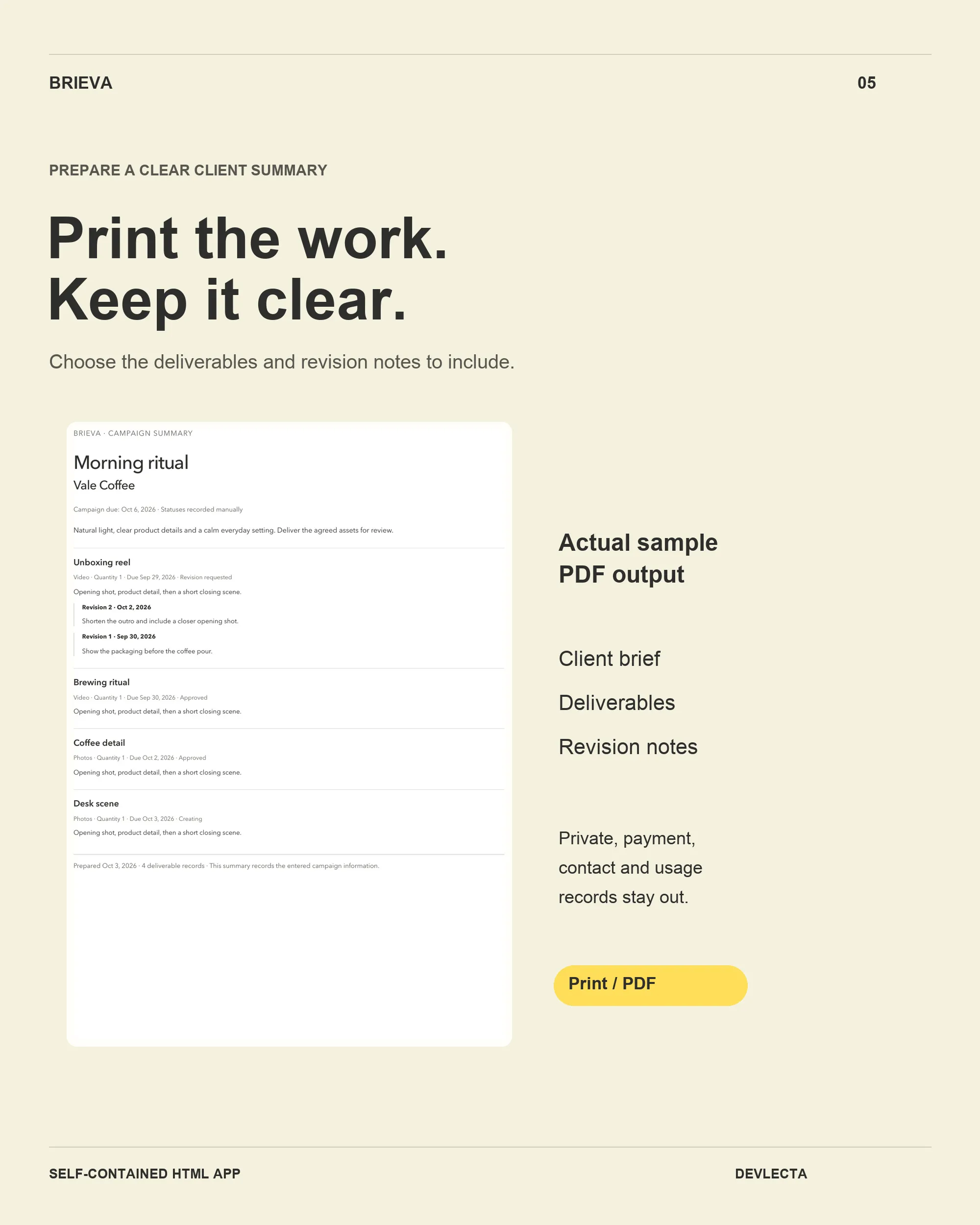 One-page Brieva client summary PDF for a fictional campaign, listing deliverables and revision notes, with private, payment and contact records excluded.