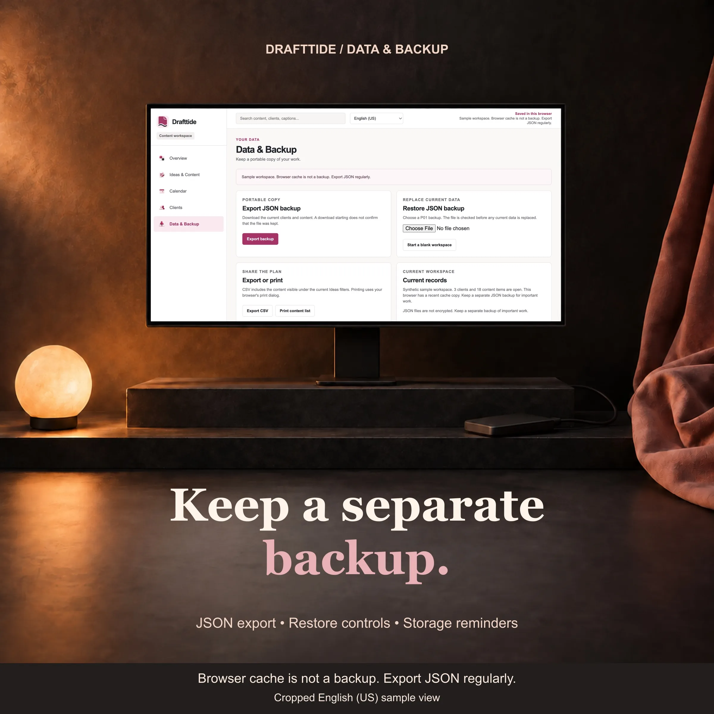 Drafttide Data and Backup screen with JSON export and restore, CSV and print controls.