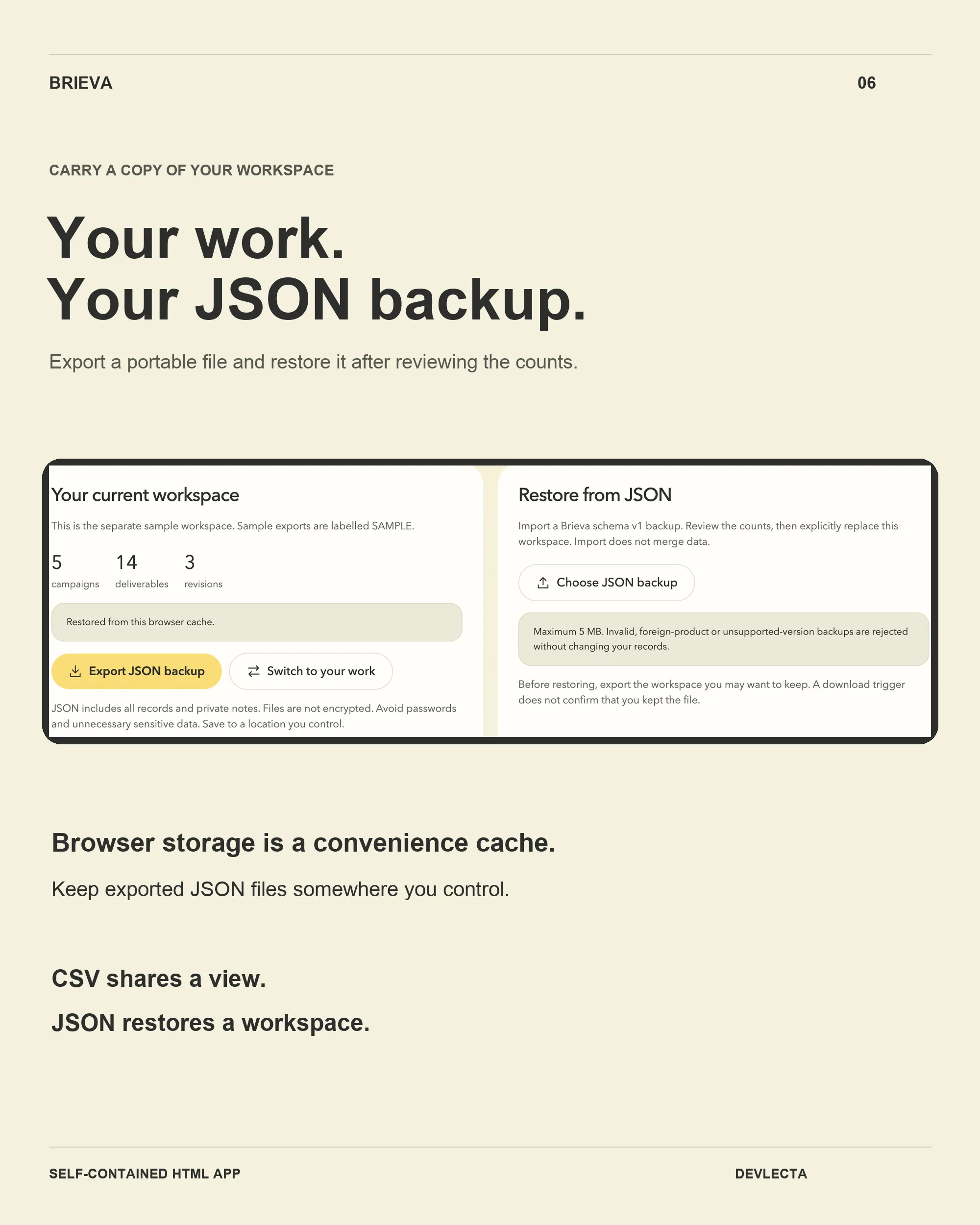 Brieva Data and Backup cards with Export JSON backup and Choose JSON backup controls.