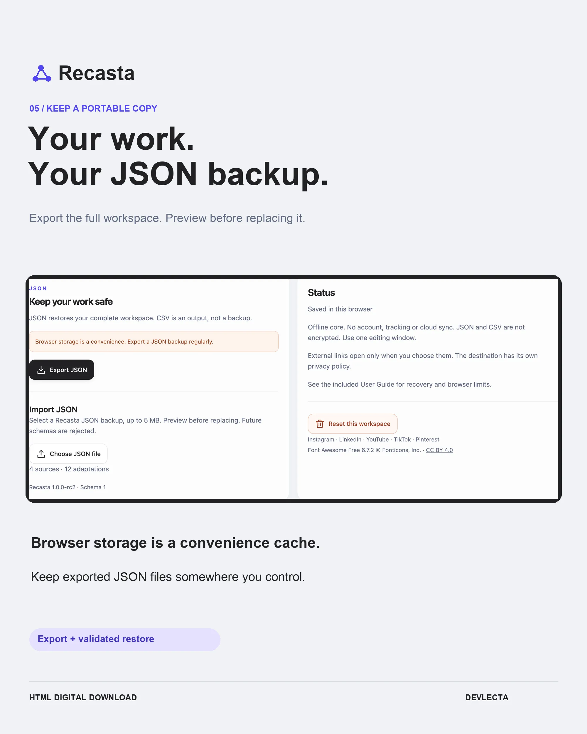 Recasta Data and backup controls for exporting and restoring JSON, with storage and privacy notes.