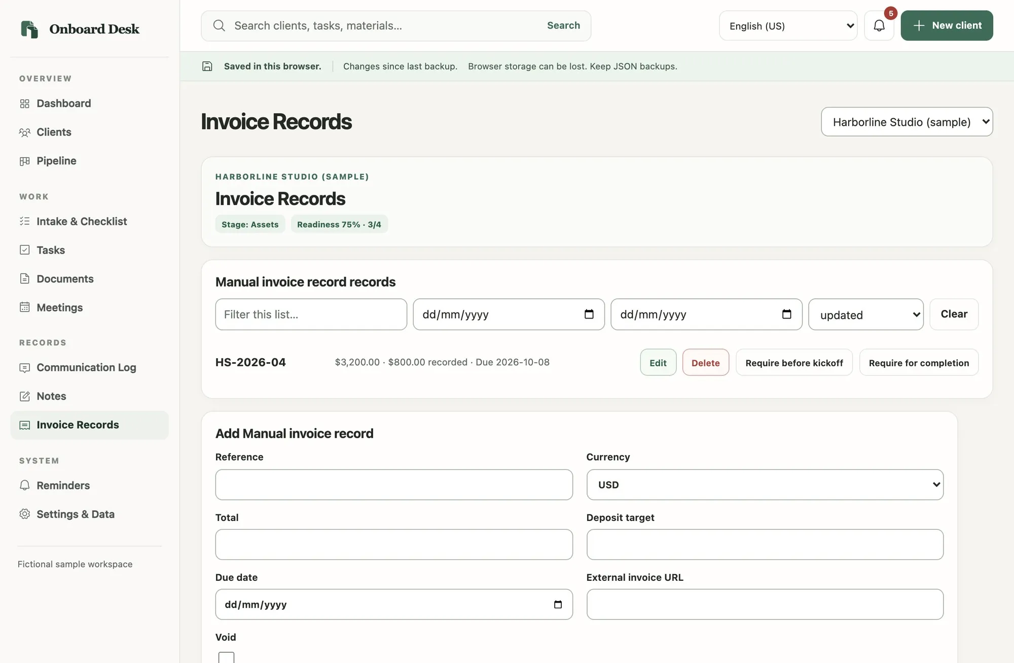 Onboard Desk Invoice Records screen with one manual invoice record for a fictional client and a form to add another record.
