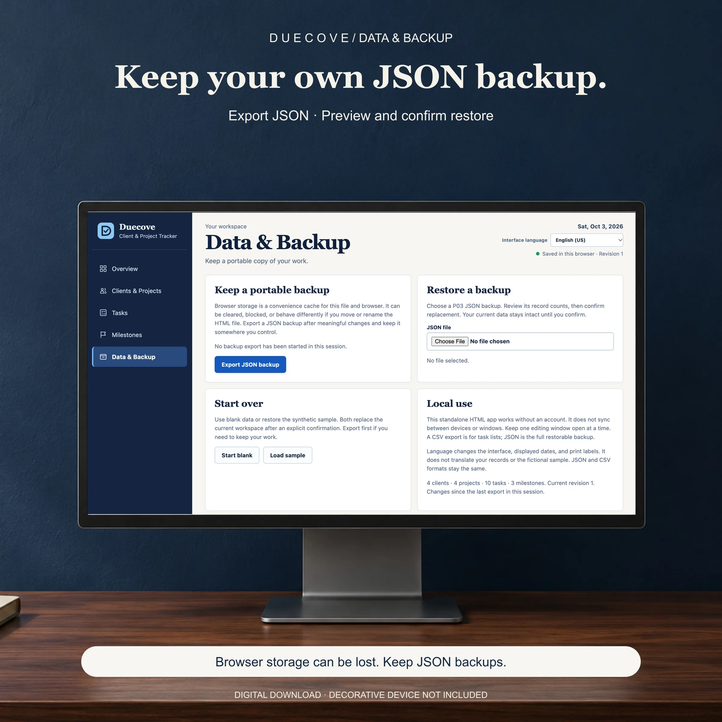Duecove Data and Backup screen with JSON export, restore, browser storage warnings and sample or blank workspace controls.